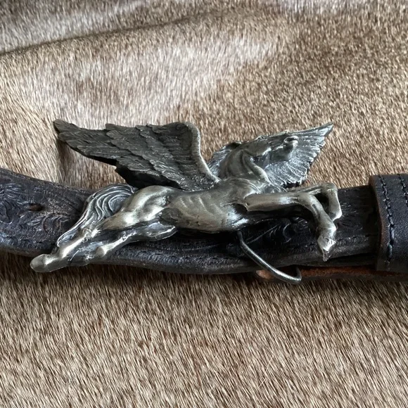 Vintage Bergamot Brass Works Pegasus Belt Buckle Tooled Black Leather Belt
